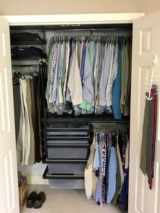 Mens clothes in closet- Follow my 3 Commandments of Closet Organization, starting with Thou Shalt Not Use Wire Hangers. www.SageOrganizingCo.com